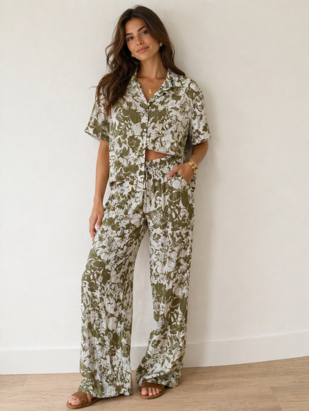 Wide Leg Floral Pants in Olive & White